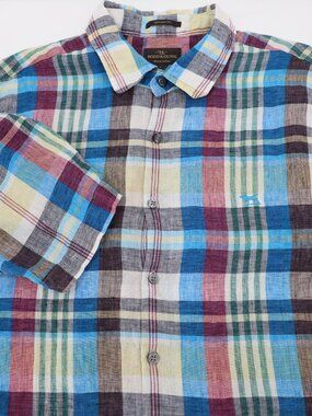 Rodd & Gunn Shirt Mens Large Italian Fabric Linen Short Sleeve Button Up plaid